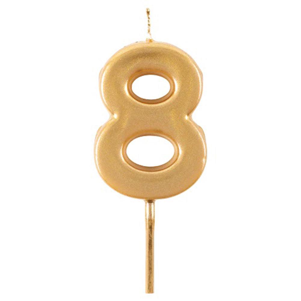 Gold number eight candle on a stick for birthday celebrations.