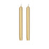 Two slim gold taper candles standing upright side by side on a plain white background.