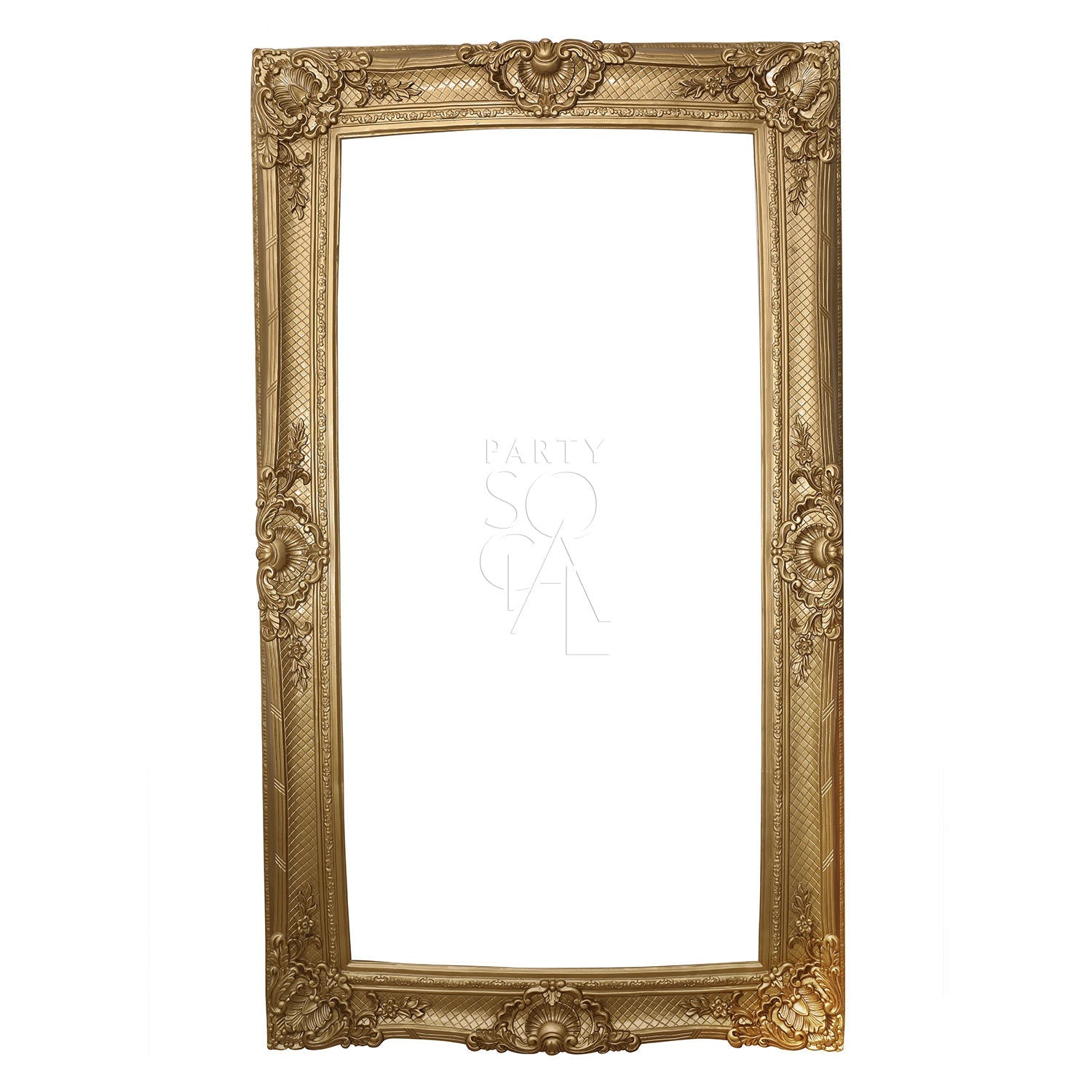 FRAME GOLD: Ornate gold vintage frame, perfect for events, measuring 125cm x 212cm, featuring intricate designs suitable for weddings or special occasions.