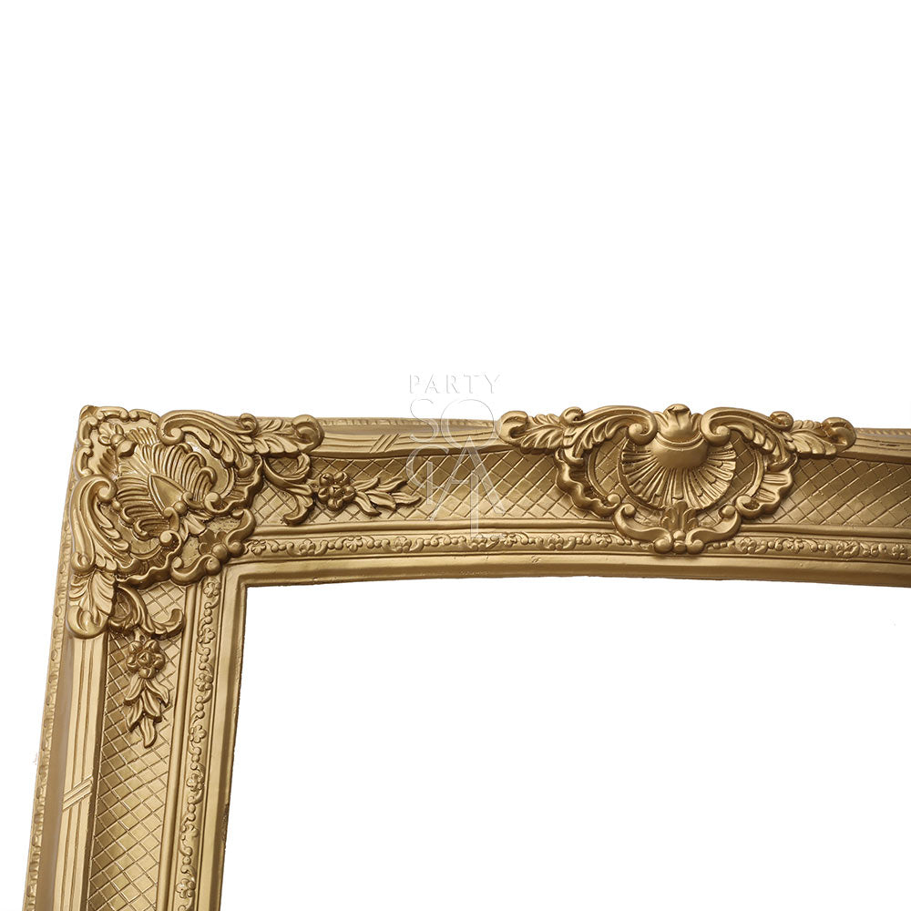 FRAME GOLD: Ornate vintage gold frame with intricate carved designs, ideal for events and special occasions, measuring 125cm W x 212cm H. Perfect for weddings and parties.