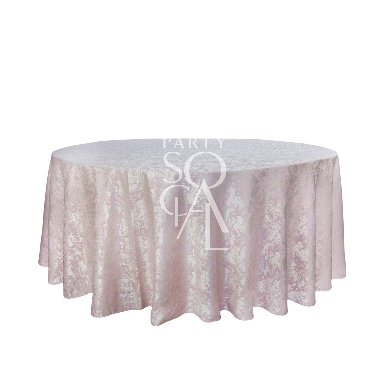 Round table with a Premium Jacquard Tablecloth, ideal for special occasions, showcased by Party Social, specializing in event rentals and sales.