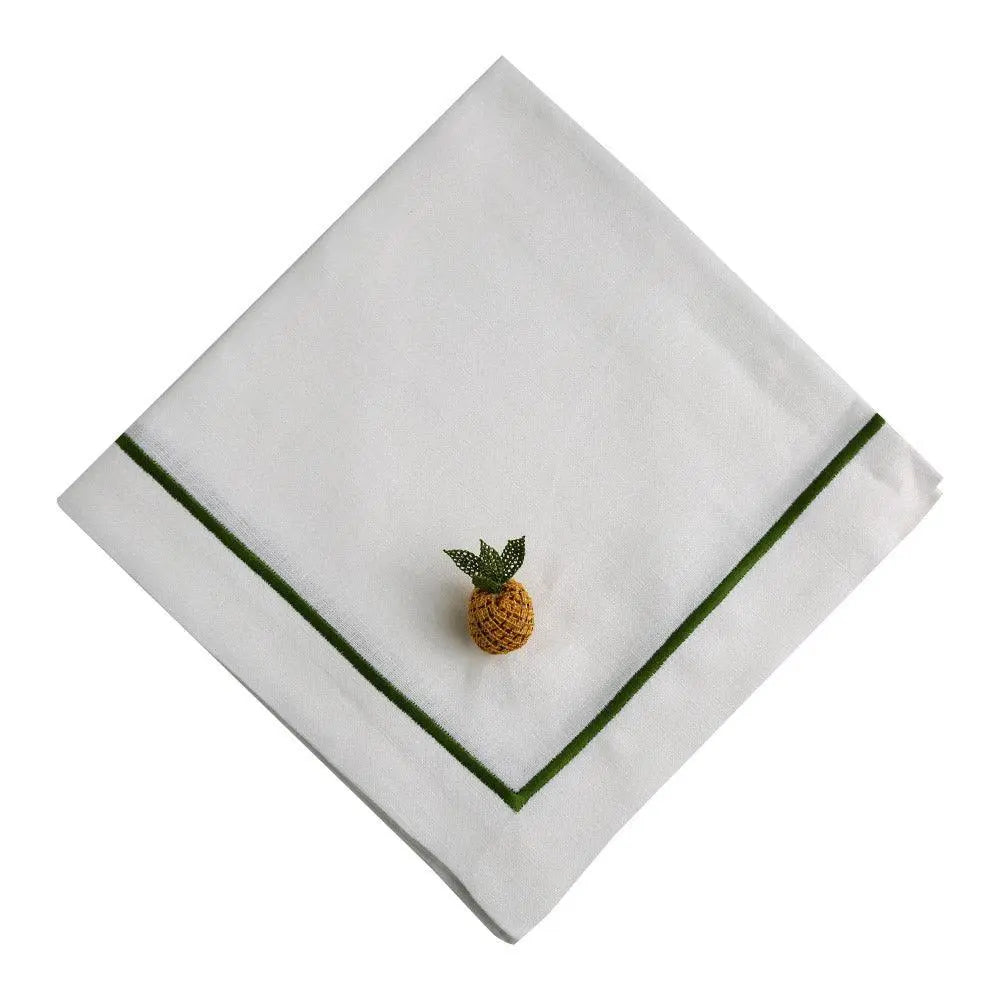 Green Lined Pure Linen Dinner Napkin - Set of 2, featuring a white napkin with green border, topped by a decorative pineapple-shaped accent.