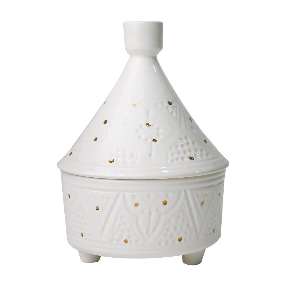 Marrakesh Medium Tajine Ceramic Bowl, a white ceramic container adorned with gold dots, perfect for serving culinary creations at special events.