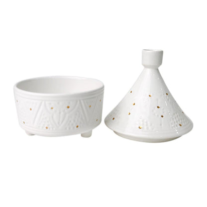 Marrakesh Medium Tajine Ceramic Bowl, a versatile and elegant serving dish with a cone-shaped lid and gold dot design.