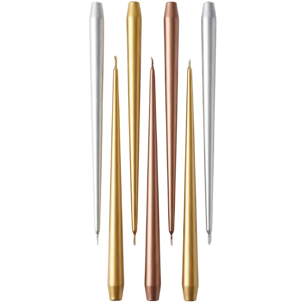 Six metallic taper candles in silver, gold, and rose gold finishes, arranged vertically on a plain white background.