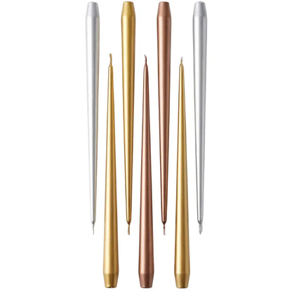 Six metallic taper candles in silver, gold, and rose gold finishes, arranged vertically on a plain white background.