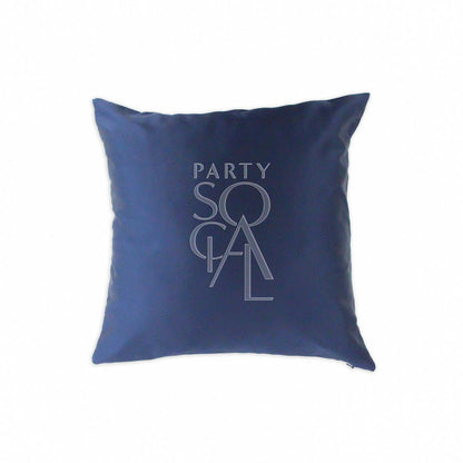 CUSHION COVER SATIN: Blue satin cushion cover featuring a distinctive logo, available in multiple sizes for elegant party and event decor.