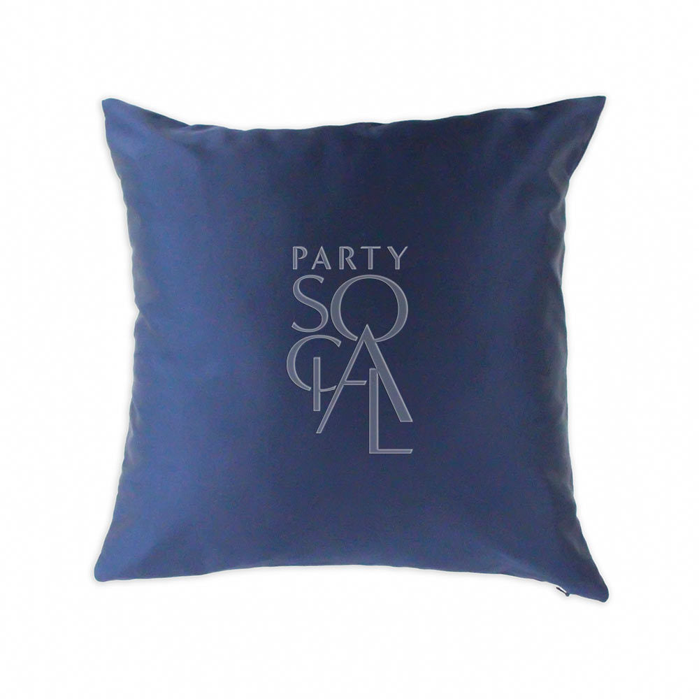 CUSHION COVER SATIN: A blue satin pillow featuring a logo, ideal for adding elegance to any party or event setting. Available in multiple sizes.