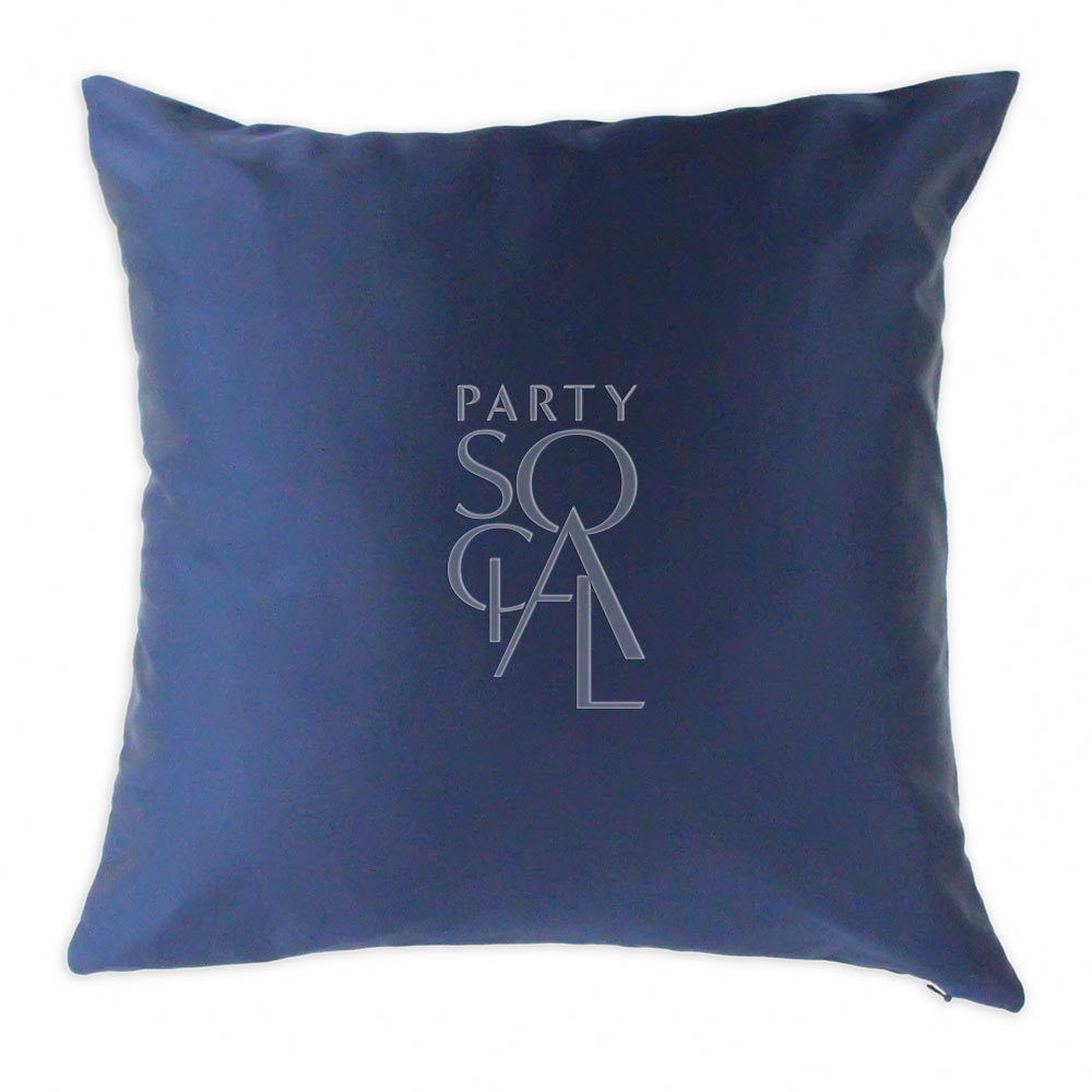 CUSHION COVER SATIN: Blue pillow featuring a logo, crafted from premium satin fabric, available in various sizes, ideal for enhancing event decor.