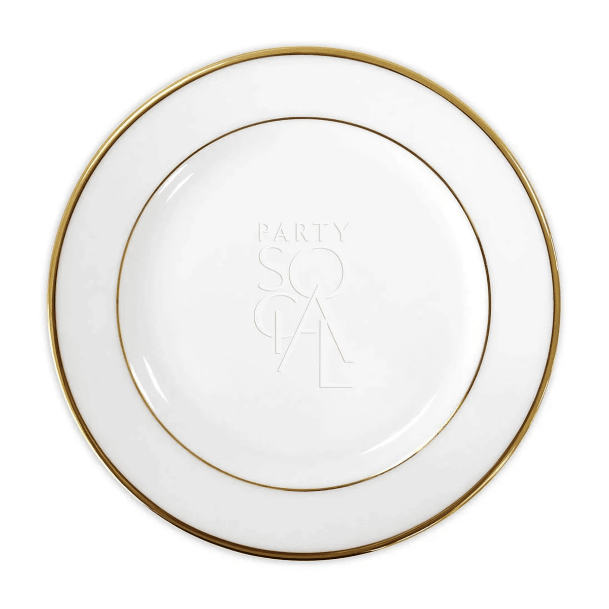 MODERN CHINA W/ GOLD RIM PLATE: Glossy white porcelain charger plate with thin gold-metallic rim and PARTY SOCIAL embossing, ideal for premium events, 30cm diameter.