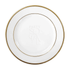 MODERN CHINA W/ GOLD RIM PLATE: Glossy white porcelain charger plate with thin gold-metallic rim and PARTY SOCIAL embossing, ideal for premium events, 30cm diameter.