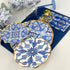 Moroccan Nights Paper Appetizer & Dessert Bowls - Set of 8, featuring a metallic gold ruffled edge design on blue & white plates with a Moroccan tile pattern. Ideal for adding elegance to events.