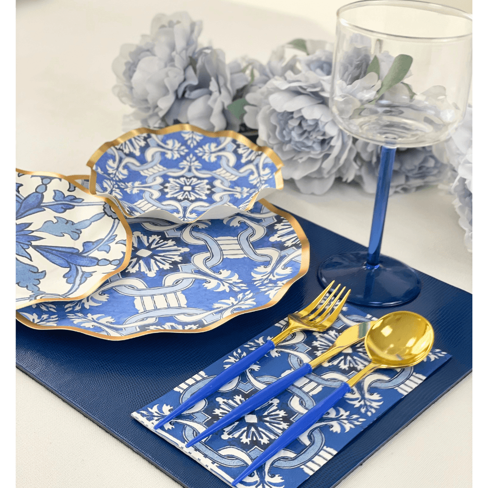 Moroccan Nights Paper Dinner Plate - 8 Per Package by Party Social. Metallic gold ruffled edge blue &amp; white plates with Moroccan tile pattern. Elevate your event with elegance and style.