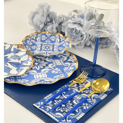 Moroccan Nights Paper Dinner Plate - 8 Per Package by Party Social. Metallic gold ruffled edge blue &amp; white plates with Moroccan tile pattern. Elevate your event with elegance and style.