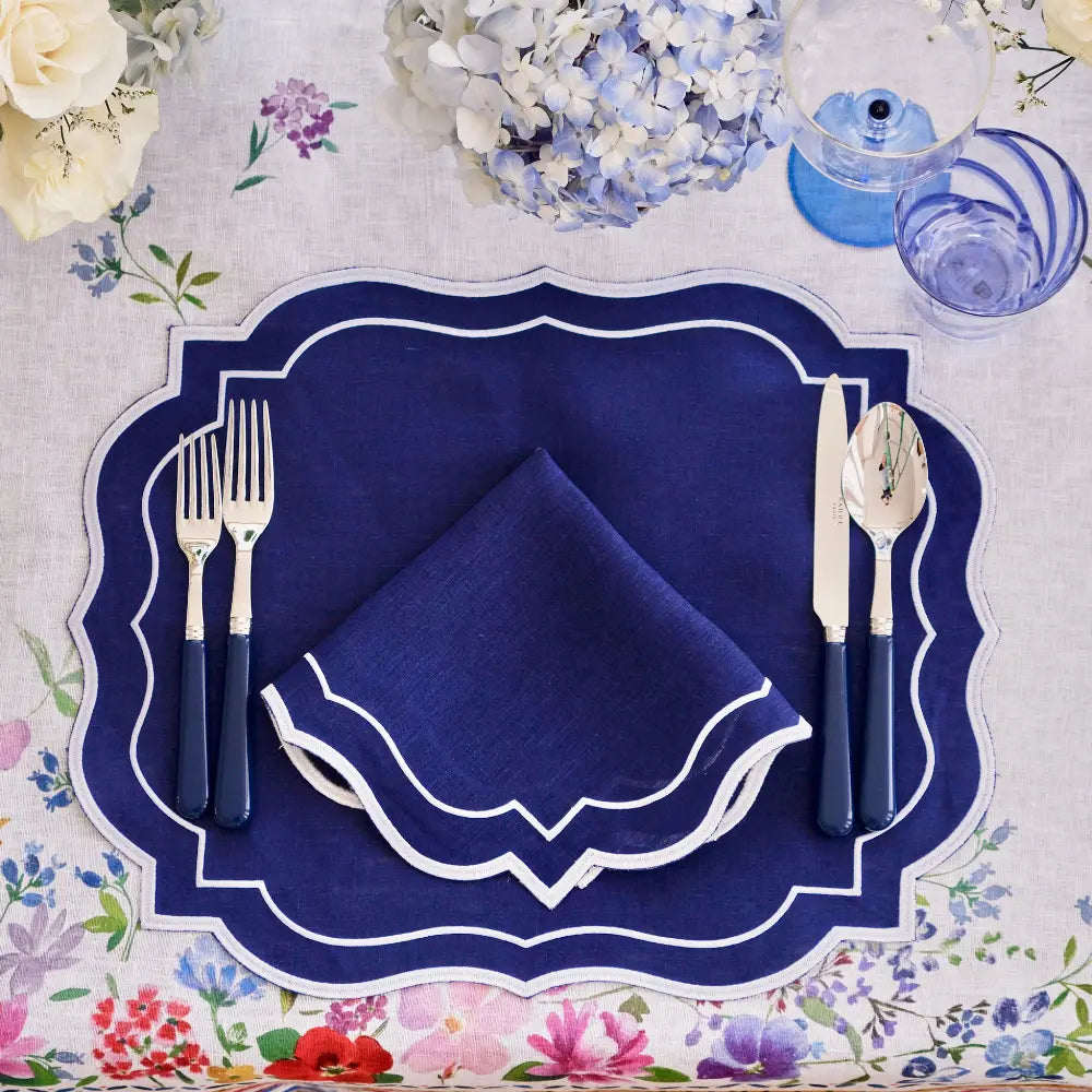 Navy Scalloped Linen Placemats - Set of 4