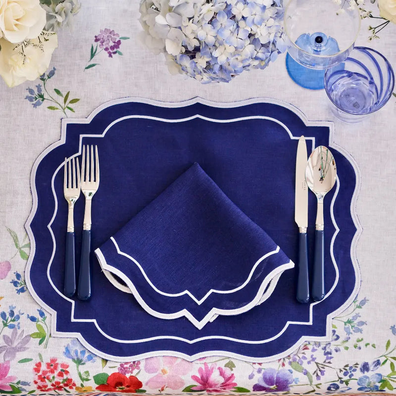 Navy Scalloped Linen Placemats - Set of 4