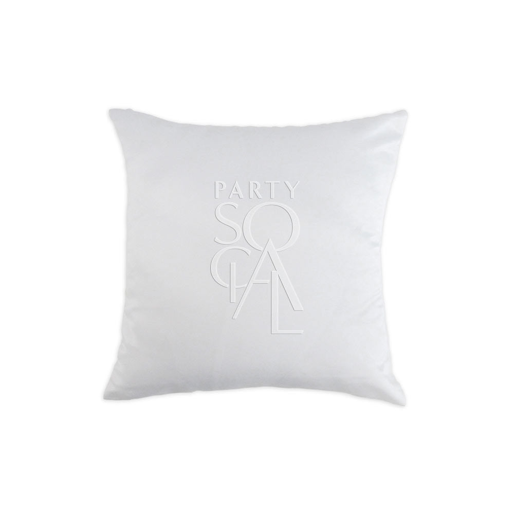 CUSHION COVER SATIN: A white pillow featuring a distinct logo, crafted from premium satin fabric, ideal for enhancing event decor with elegance.