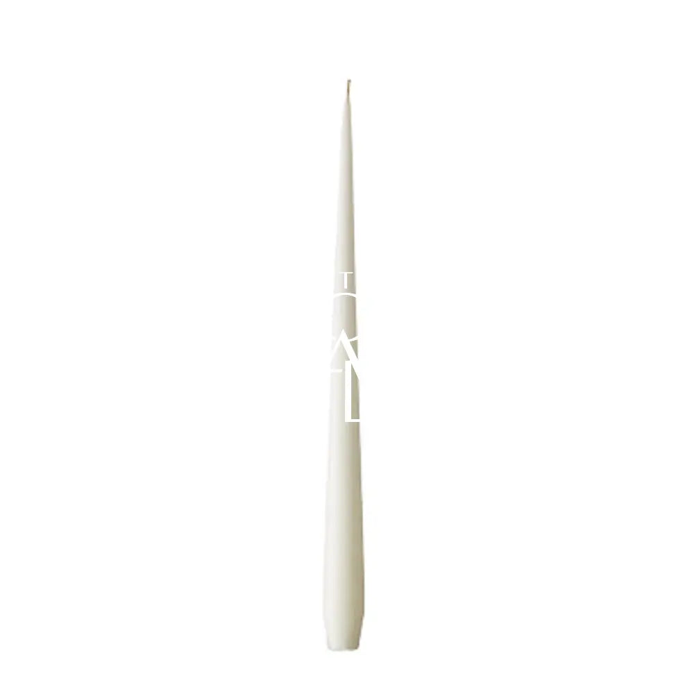 A single white taper candle with a minimalist geometric logo printed on the front, centered against a solid white background.