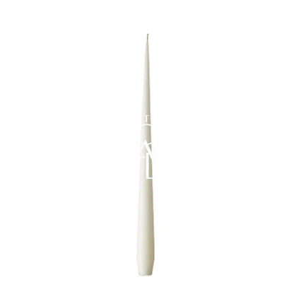 A single white taper candle with a minimalist geometric logo printed on the front, centered against a solid white background.