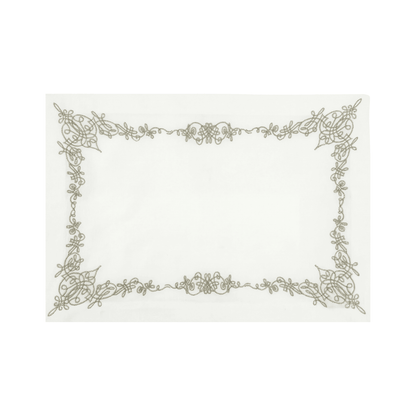 Oriental Pure Linen Placemat, featuring ornate metallic-thread embroidery, offers elegant table decor. Ideal for special occasions. Sold in packs of two.
