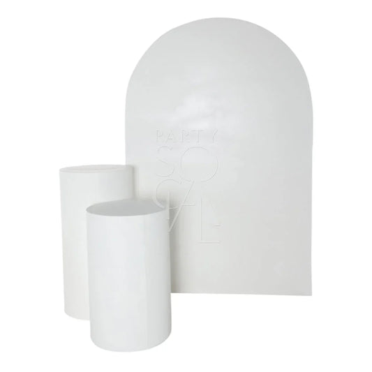 Round white podiums in various sizes, ideal for weddings and birthdays, lightweight and durable, perfect for event displays.