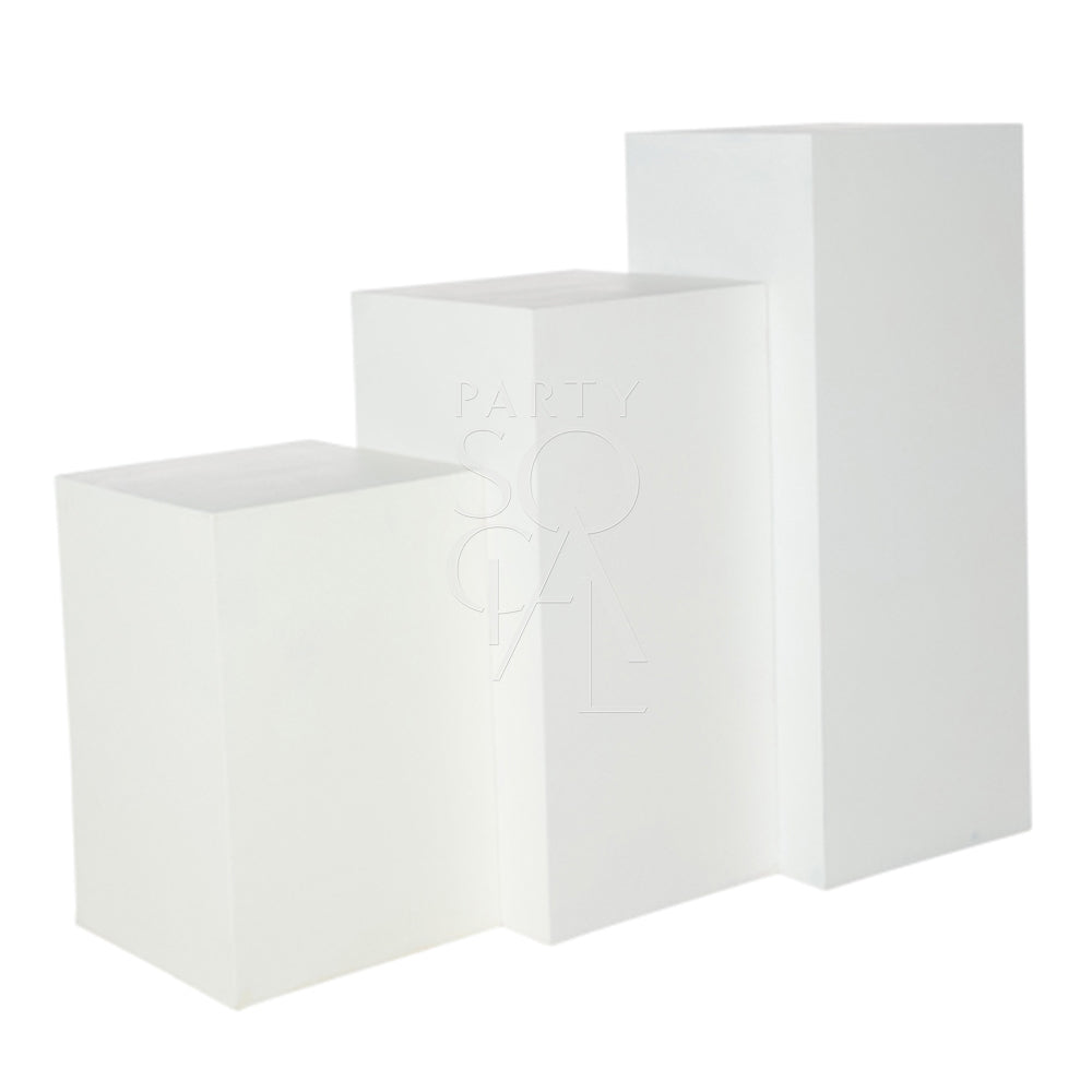 SQUARE WHITE PODIUMS: Lightweight, durable square podiums ideal for weddings and birthdays, available in various sizes, perfect for party and event setups.