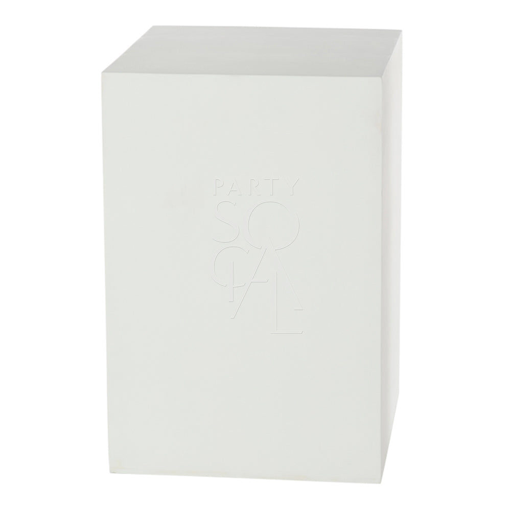 Square white podium with text, designed for lightweight durability, ideal for weddings and birthdays. Perfect for event use from Party Social.