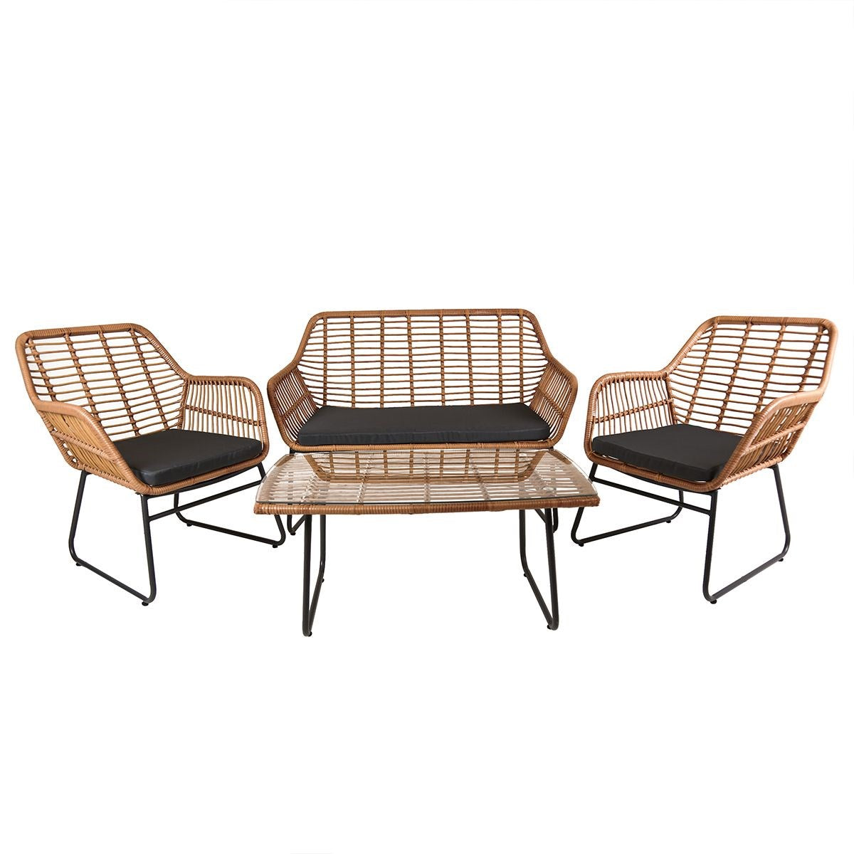 RATTAN COFFEE TABLE W/ GLASS TOP shown with matching wicker chairs, ideal for outdoor events or casual gatherings.