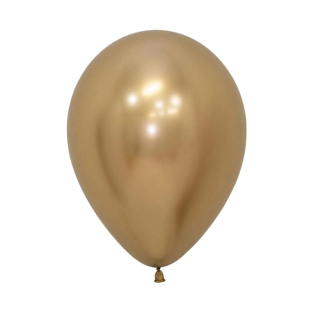 Alt text: Reflex Balloon, 5in (13cm)-15 per pack, shown as a gold balloon on a white background, ideal for party decorations and celebrations.