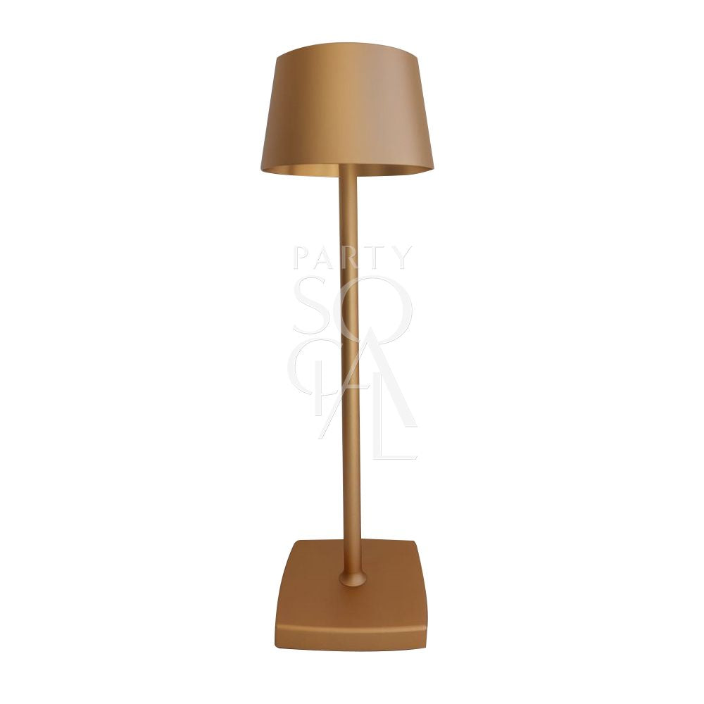 Wireless Lamp with gold shade, ideal for decorative use at events or home, offering flexibility and convenience. Suitable for party settings. Dimensions: 35cm H x 8.5cm Dia.