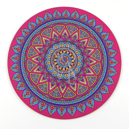 Round Die Cut Placemat with a captivating mandala motif, perfect for adding vibrancy to your table setting. Ideal for special events and themed parties. Available in 3 colors.