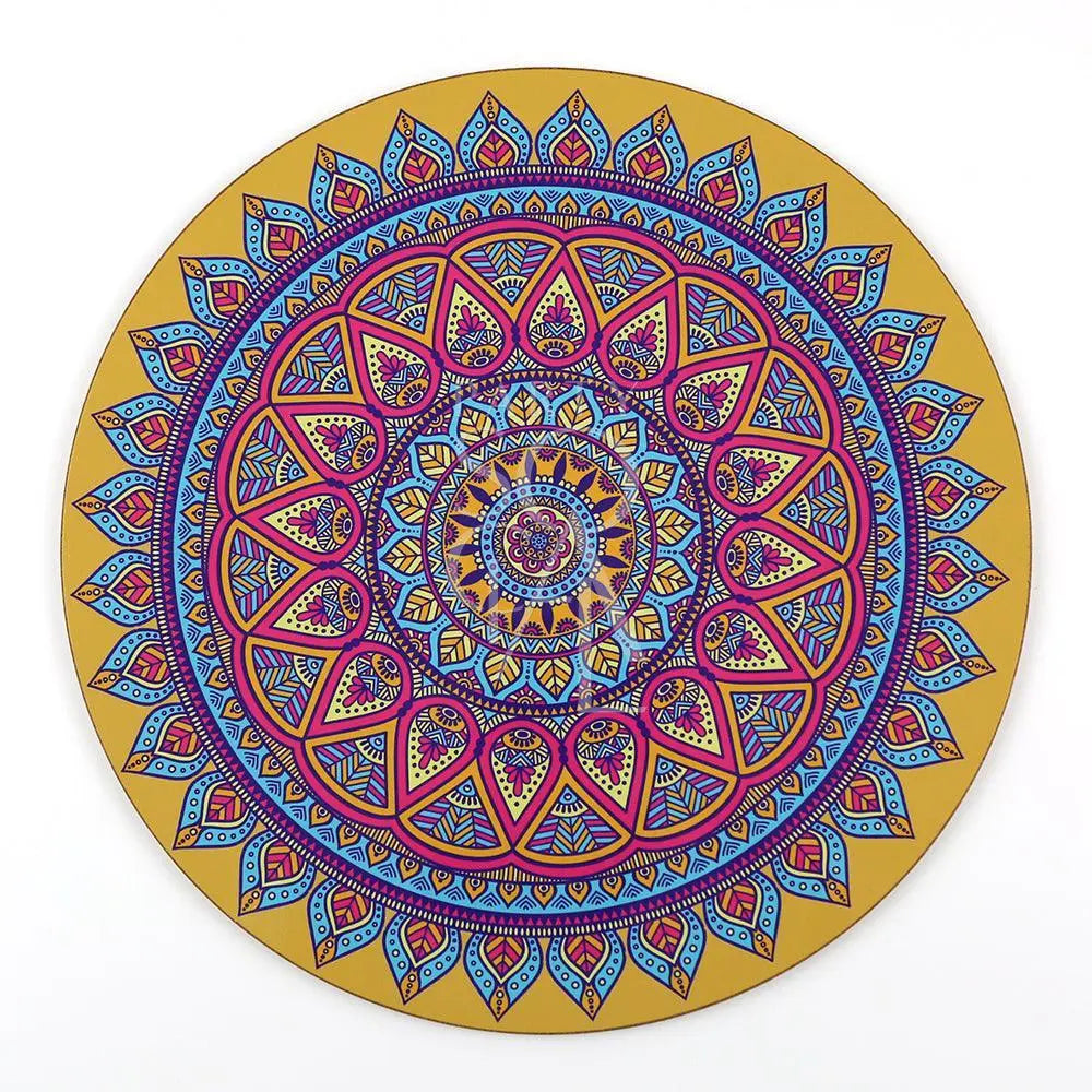 Round Die Cut Placemat featuring a captivating mandala motif, perfect for adding vibrancy to your table setting. Ideal for special events and themed parties. Available in 3 colors.