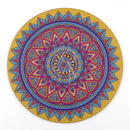 Round Die Cut Placemat featuring a captivating mandala motif, perfect for adding vibrancy to your table setting. Ideal for special events and themed parties. Available in 3 colors.
