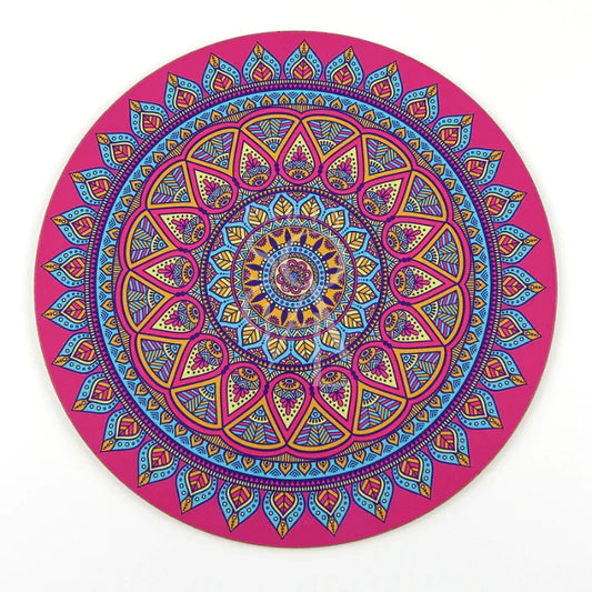 Round Die Cut Placemat showcasing a captivating mandala motif, perfect for adding vibrancy to your table setup. Ideal for special events and themed parties. Available in 3 colors.