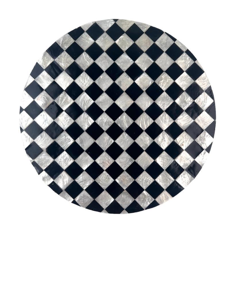 Round Shell Patterned Placemat in Black &amp; White Color, 1 each, featuring a chic checkered design. Durable and eco-friendly, perfect for enhancing any table setup.