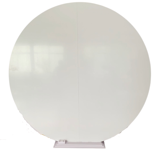 White wood round backdrop on a stand, ideal for event decoration, measuring 200cm in diameter, available for party and event setups from Party Social.