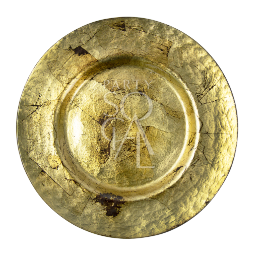 Charger Plate - Rustic Gold, featuring a circular design with white text, ideal for luxurious table settings at events and special occasions.