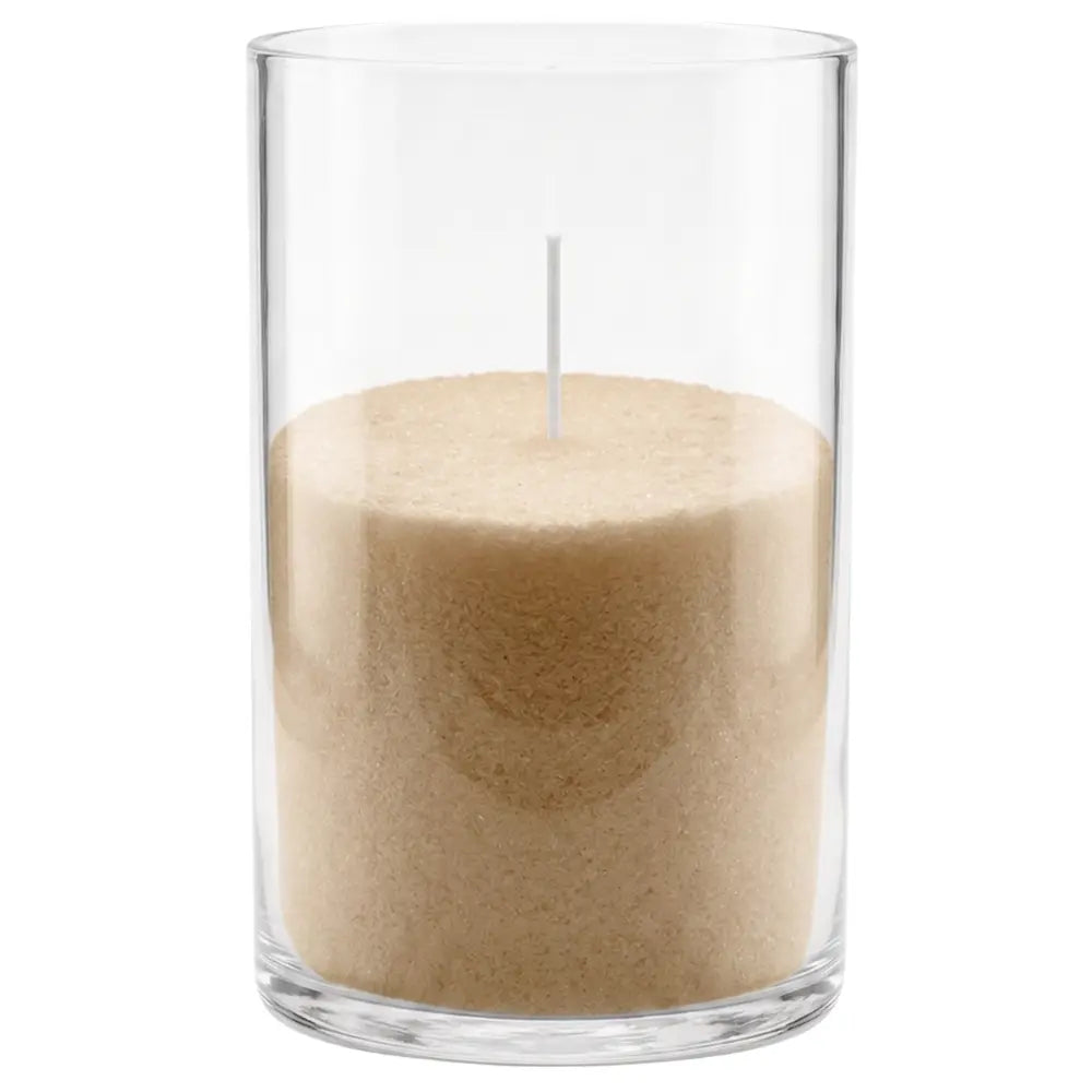 A clear glass cylinder candle holder containing a beige wax candle with a single white wick, shown against a plain white background.