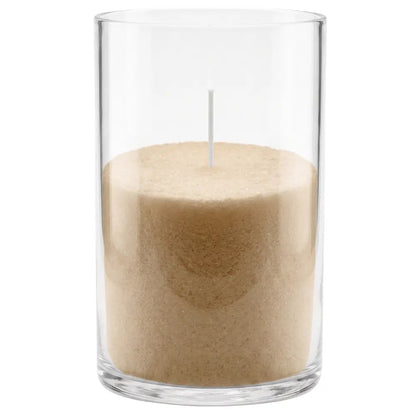 A clear glass cylinder candle holder containing a beige wax candle with a single white wick, shown against a plain white background.