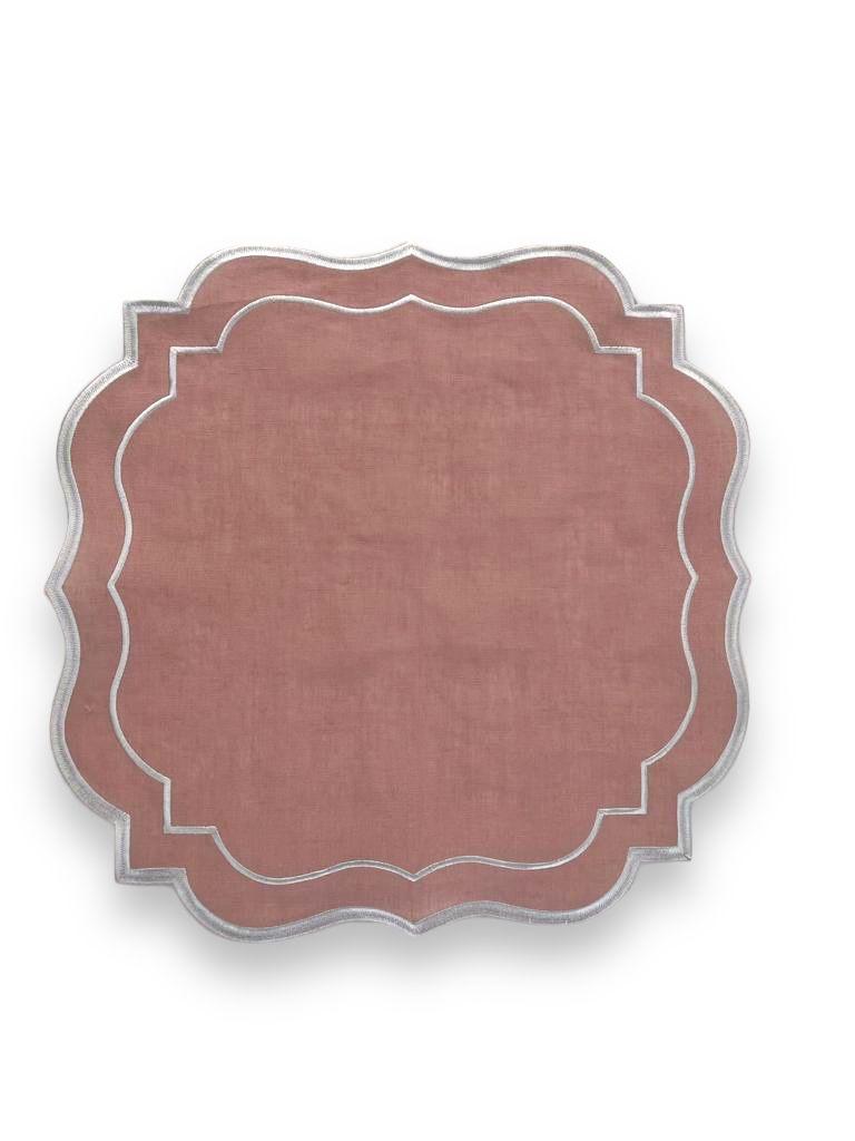 Scalloped linen napkins, pink and silver square with white border, elegant addition for special table setups. Set of 4 per pack.