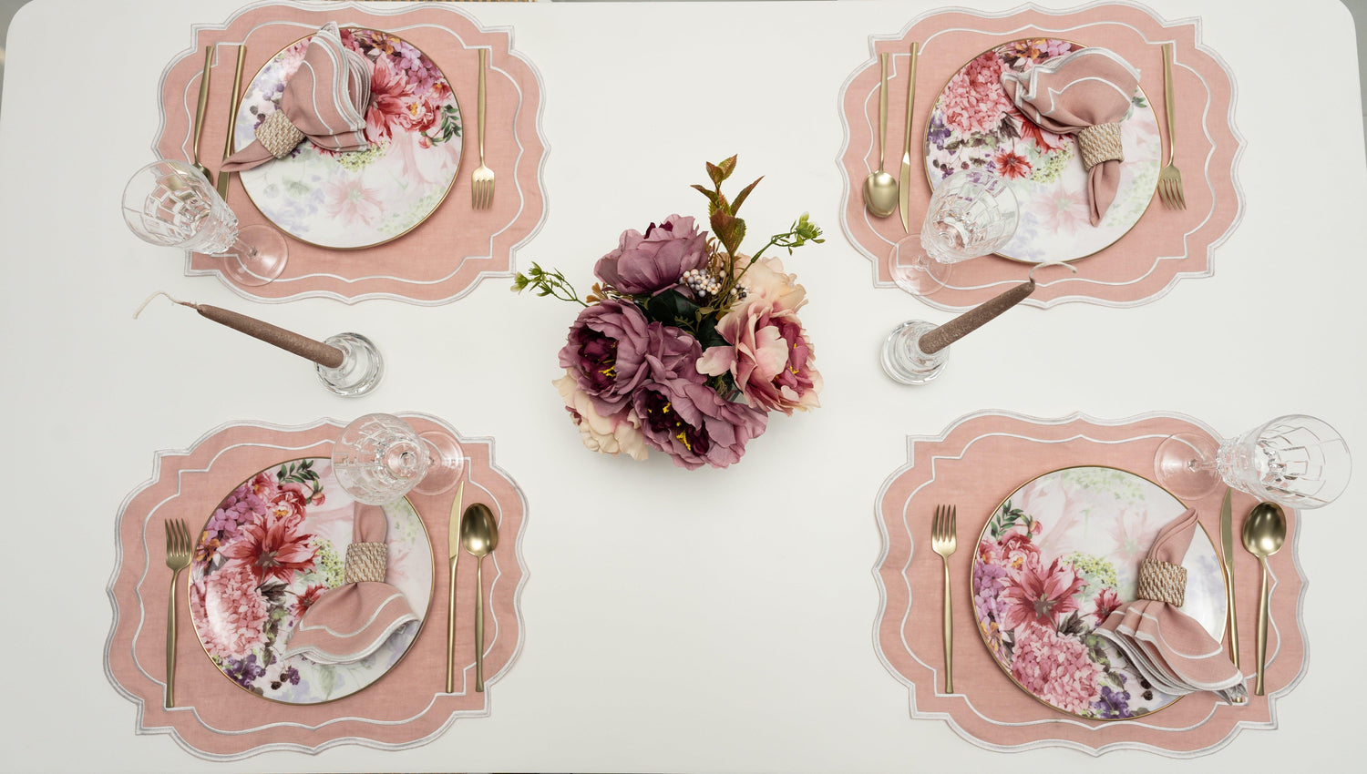 Scalloped Linen Placemats with Plates and Flowers