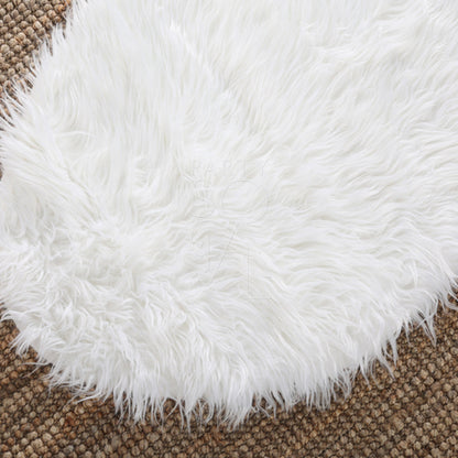 Sheepskin Curved rug, fluffy texture, ideal for event decor or prop use, displayed on a brown surface.