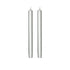 Two slim silver taper candles standing upright side by side on a plain white background.