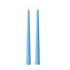 Two light blue taper candles standing upright side by side on a plain white background.