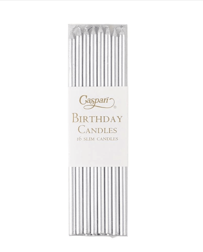Slim Birthday Candles - 16 candles in a silver box with gold text and a logo. Adds elegant and whimsical flair to cakes and cupcakes for birthdays and special occasions.