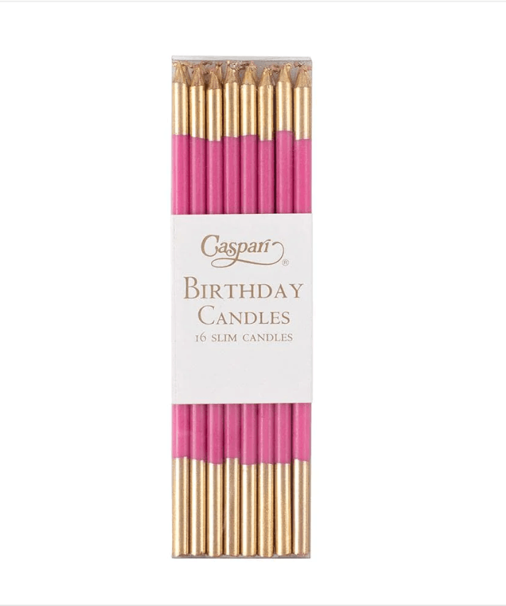A package of 16 slim style birthday candles for elegant and whimsical flair.