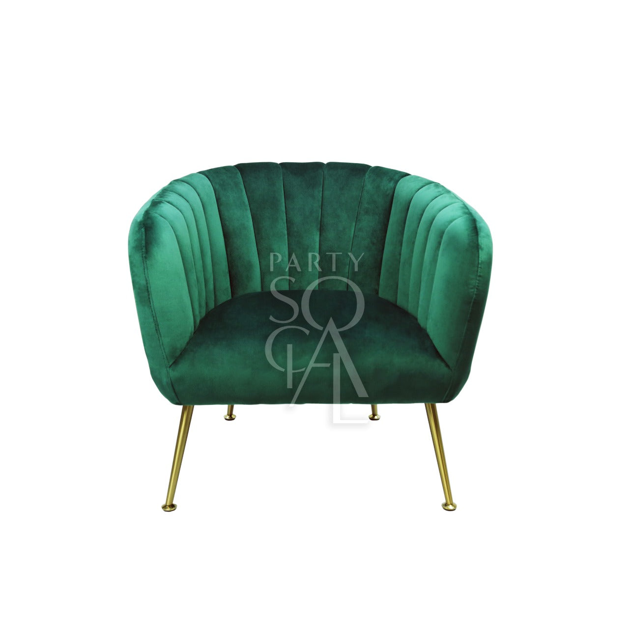 ROYAL GREEN VELVET SINGLE SEATER: A modern green chair with gold-finish legs, ideal for lounge seating at events and parties.