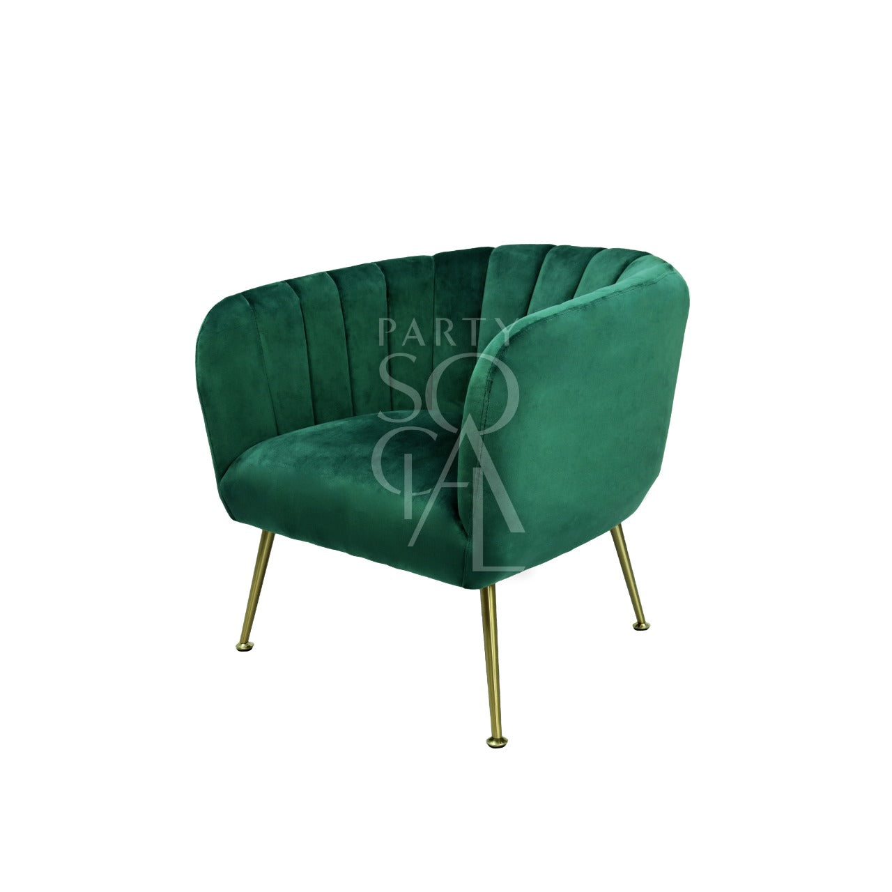 ROYAL GREEN VELVET SINGLE SEATER with gold-finish legs, ideal for elegant lounge seating. Perfect for enhancing party and event decor.