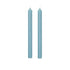 Two tall, slender light blue taper candles standing upright side by side on a plain white background.