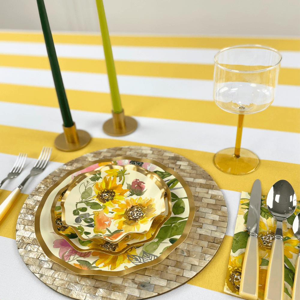 Sunflower Paper Appetizer & Dessert Bowls - 8 Per Package from Party Social: Elegant ruffled foil edge plates featuring sunflowers on off-white background, perfect for events.
